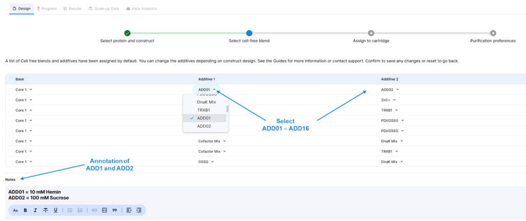 The experiment design page now supports the addition of up to 16 custom additives.