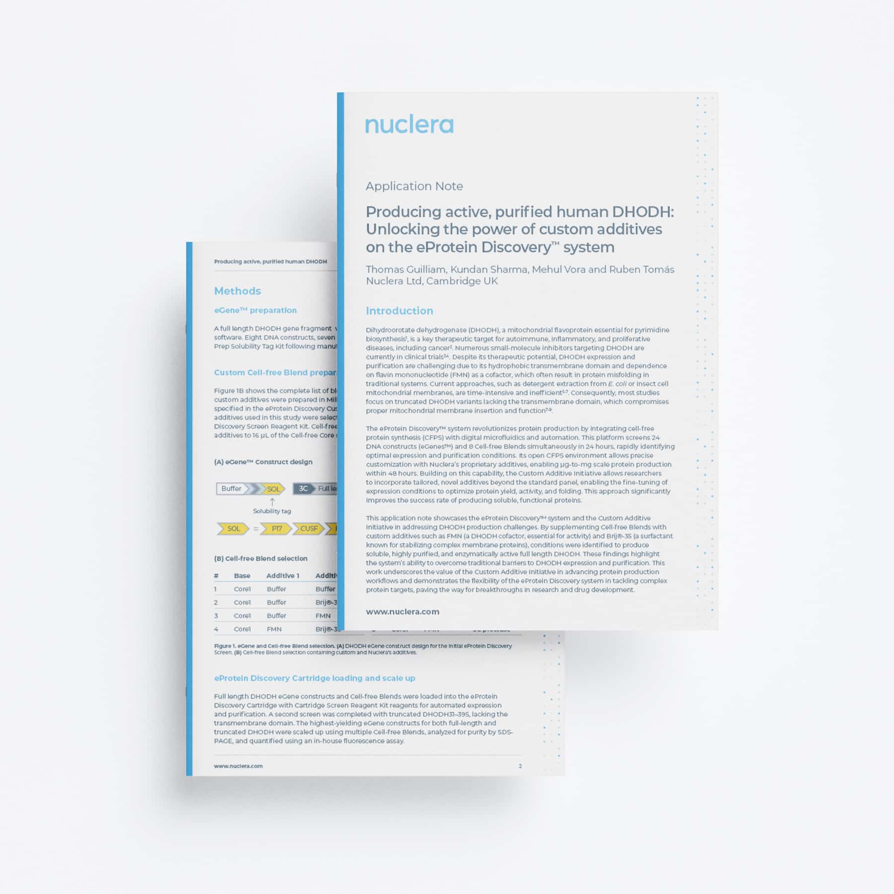 Nuclera-AppNote-Producing_Active_Purified_Human_DHODH_Mockup Application Note Producing active, purified human DHODH: Unlocking the power of custom additives on the eProtein Discovery™ system Tom Guilliam, Kundan Sharma, Mehul Vora, Ruben Tomás Nuclera Ltd. Cambridge UK